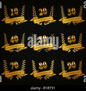 Satz von Gold Jubiläum Abzeichen mit Laurel Kränze, zahlen. Dekorative Embleme des Jubiläums auf schwarzem Hintergrund. Filigrane Elemente, Rahmen, Grenzen, ic Stock Vektor