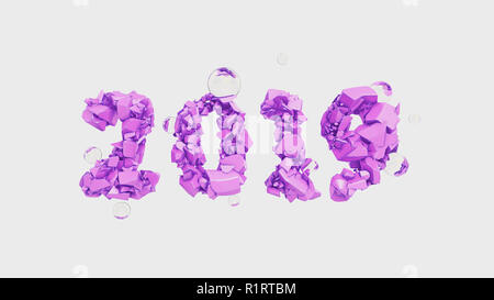 Frohes Neues Jahr Banner mit 2019 trendy pink Farbe Zahlen durch zerbrochene Risse im Stein auf weißem Hintergrund mit fliegenden Glaskugeln isoliert. abstrakten 3D-Darstellung Stockfoto