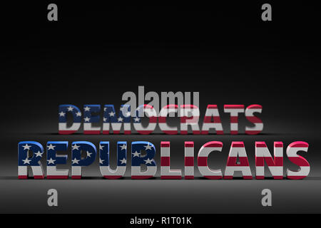 3D-Render der Demokraten gegen Republikaner Worte mit überlagertem Amerikanische Flagge Stockfoto