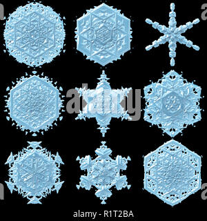 3d-Schneeflocke Abbildung auf dem schwarzen Hintergrund isoliert Stockfoto