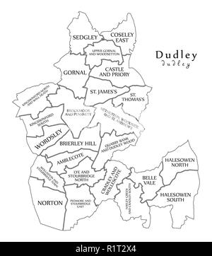 Moderne Stadtplan - Dudley Stadt in England mit Stationen und Titel UK Übersichtskarte Stock Vektor