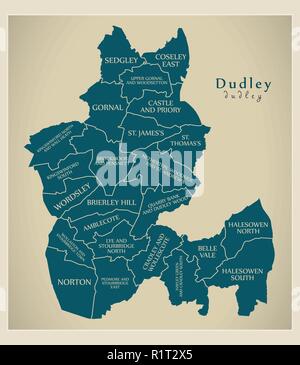 Moderne Stadtplan - Dudley Stadt in England mit Stationen und Titel UK Stock Vektor