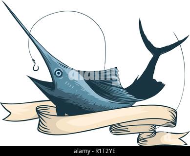 Marlin fischen Logo. Schwert angeln Emblem für Sport Club. Wütend fisch Hintergrund Thema Vector Illustration. Stock Vektor