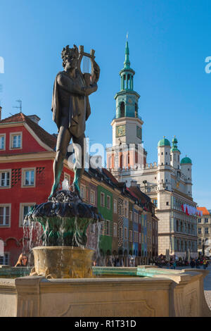 Poznan Marktplatz, mit Blick auf die Statue des Apollo stationiert auf der Fontanna Apolla auf dem Marktplatz (Stary Rynek) in Posen, Polen. Stockfoto