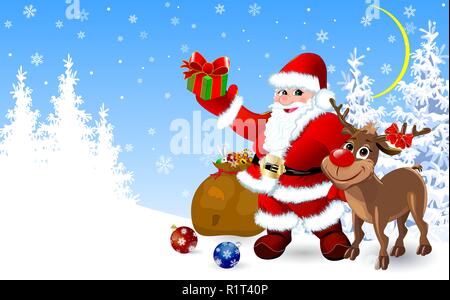 Weihnachtsmann und Rentier im Winter Wald mit Geschenke für Weihnachten. Stock Vektor