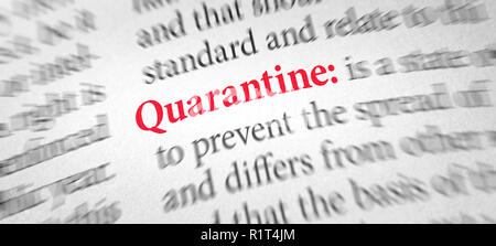 Definition des Wortes Quarantäne in einem Wörterbuch Stockfoto