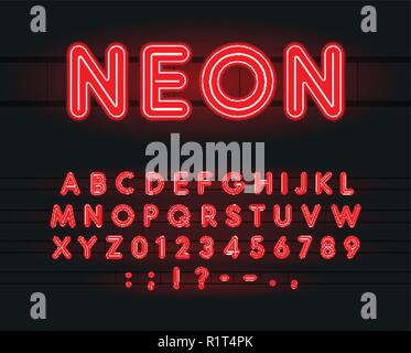 Satz von Neon Buchstaben, Zahlen und Zeichen. Vektor Alphabet für Bar, Kino, Spielautomaten und Casino. Vektoren. Rote Schrift auf schwarzem Hintergrund Stock Vektor