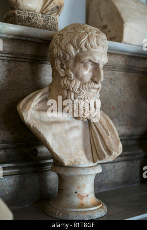 Rom. Italien. Portraitbüste von Epikur (341 - 270 v. Chr.) in der Halle des Philosophen, die Kapitolinischen Museen. Musei Capitolini. Marmor römische Kopie einer Gre Stockfoto