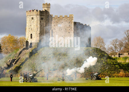 Armee Reservisten ab 104 Regiment Royal Artillerie ein 21-gun Salute in Cardiff Castle, dem Prinzen von Wales' 70. Geburtstag. Stockfoto