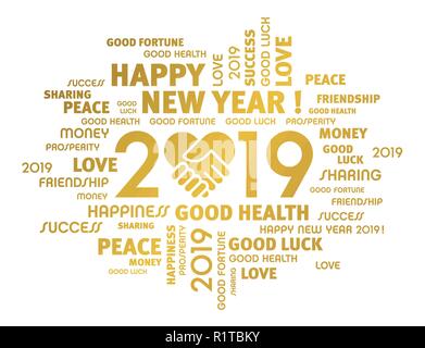 Gold gruss Worte rund um Neues Jahr Datum 2019, komponiert mit einem Händedruck Herz, isoliert auf weißem Stock Vektor