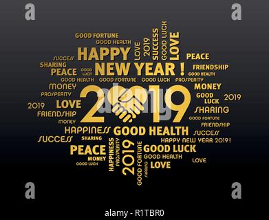 Gold gruss Worte rund um Neues Jahr Datum 2019, komponiert mit einem Händedruck Herz Symbol auf schwarzem Hintergrund Stock Vektor
