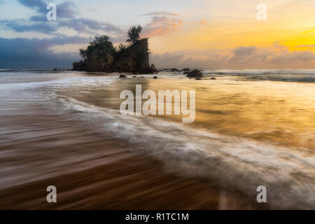 Low Angle Shot von Wellen den Strand bei Sonnenaufgang mit den hellen gelben Licht der Sonne beleuchtet die Szene Stockfoto