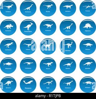 Dinosaurier Arten Unterschrift Name Icons Set blau. Einfache Abbildung von 25 Dinosaurier Arten Unterschrift Name Vector Icons für Web Stock Vektor