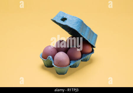 Halbes Dutzend kostenlose Sortiment Bio braune Eier im Karton. Sechs braune Eier in offenen Kiste Behälter auf hellen Pastellfarben gelb hinterlegt Stockfoto