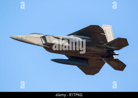 SPANGDAHLEM, Deutschland - 29 Aug, 2018: US Air Force Lockheed Martin F-22 Raptor stealth Luftüberlegenheit Fighter jet Flugzeuge, die aus Spangdahlem Stockfoto