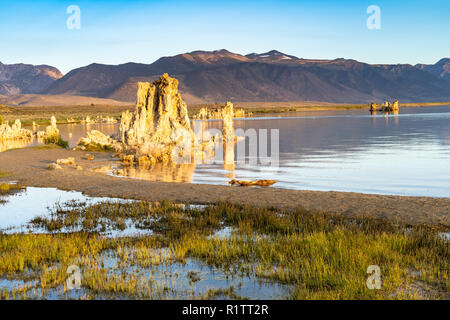 Schöne Tuffstein Formationen am Mono Lake mit ruhigem Wasser bei Sonnenaufgang. Eastern Sierra Nevada Kalifornien Stockfoto