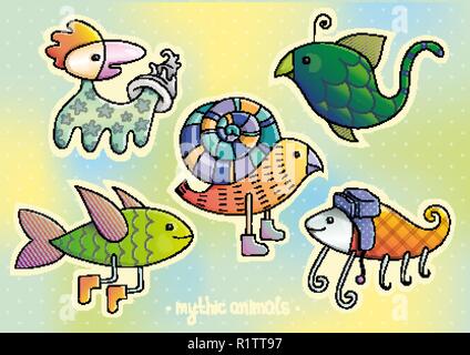Cartoon Tiere. Mythische Tiere eingestellt. Bunte Aufkleber. Stock Vektor