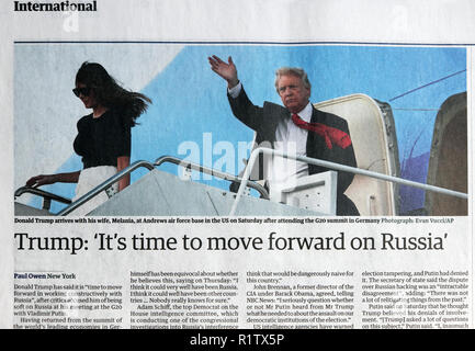 "Trump: Es ist an der Zeit, Russland voranzubringen" Donald Trump & Melania Trump kommen in den USA nach G20 Guardian Schlagzeile Artikel 10 Juli 2017 Stockfoto