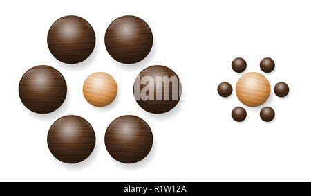 Ebbinghaus Illusion mit Holzkugeln. Optische Illusion der relativen Größe der Wahrnehmung. Die beiden Kugeln in der Mitte sind genau die gleiche Größe. Stockfoto