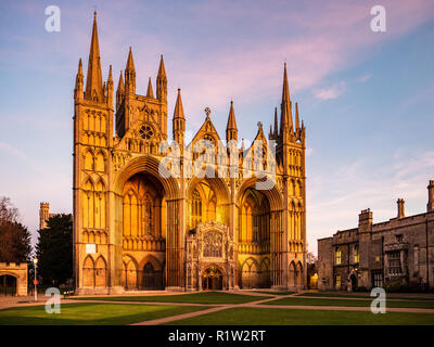 Die Kathedrale von Peterborough in der Dämmerung aka Kathedrale Kirche St. Peter, St. Paul und St. Andreas in Peterborough GROSSBRITANNIEN. Romanisch-gotischen Stil erbaut 1118 - 1237 Stockfoto