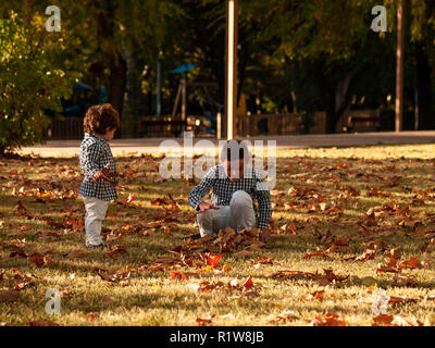 Zwei Bruder Jungen spielen mit die Blätter von den Bäumen auf dem Boden in einem Park im Herbst gefallen Stockfoto