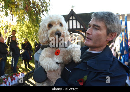 Ein Mann und sein Hund tragen ihre Mohn mit Stolz Wellington Trauerfeier und Parade 2018 Stockfoto