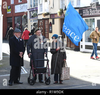 Weltkrieg zwei Veteran George Evans 95 das Tragen roter Mohn und weißer Frieden Poppy, während unter der Flagge für 'Frieden' in Wellington Trauerfeier im Alter von Stockfoto