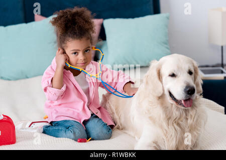 Adorable african american Kind spielt mit Stethoskop und Retriever Stockfoto