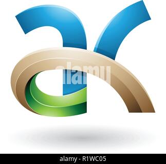 Vector Illustration in Blau und Beige 3d kühn geschwungenen Buchstaben A und K isoliert auf weißem Hintergrund Stock Vektor