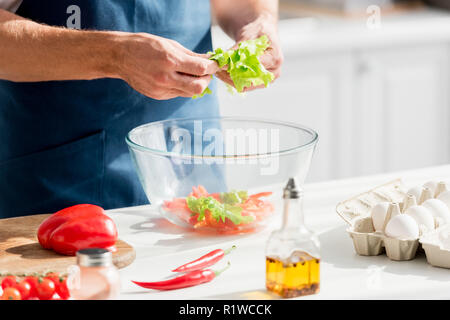 Teilansicht der Mann mit Kopfsalat in Händen und Salat Stockfoto