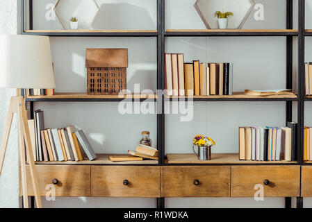 Nahaufnahme der Holz- Regal mit Büchern im Wohnzimmer Stockfoto