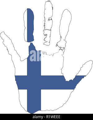 Blau, weiß Farbe der Flagge. Vektor Handabdruck in Form der Fahne von Finnland. Stock Vektor