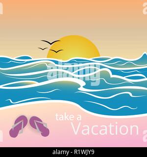 Ein Urlaub Poster. Strand Sonnenuntergang in Rosa und Blau. Stock Vektor