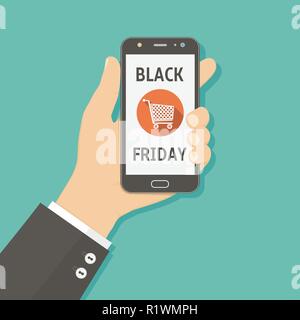 Schwarzer Freitag Verkauf. Hand mit Schwarzen Freitag Verkauf auf dem Smartphone. Stock Vektor