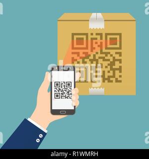 Hand Handy scannen QR-Code auf Karton Stock Vektor