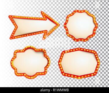 Shining isoliert retroset Glühbirne Frames und Pfeil auf dem transparenten Hintergrund. Vintage Style Banner, Zeichen, Schild. Perfekte Vorlage für zeigt, Casino, Kino, Zirkus. Vector Illustration EPS 10. Stock Vektor