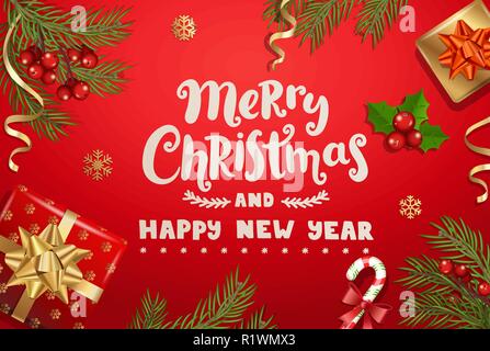 Frohe Weihnachten und ein glückliches Neues Jahr wünschen auf rotem Hintergrund mit traditionellen Weihnachtsschmuck - Geschenkbox mit Gold Bug, Zuckerstange, Niederlassung Fichte, Schneeflocken. Vector Illustration. Stock Vektor