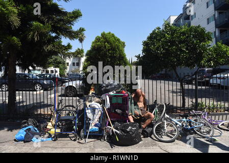 Los Angeles, USA - 29. Juli: Obdachlose in den Straßen von Los Angeles, CA am 29. Juli 2018. Stockfoto