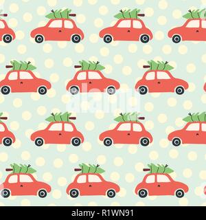 Vektor nahtlose Muster mit roten Auto und Weihnachtsbaum auf dem Dach. Vintage Christmas background mit retro Autos und Weihnachten Dekoration in Blau und Beige. Urlaub Design für Kinder, Stoff, Geschenkverpackung Stock Vektor