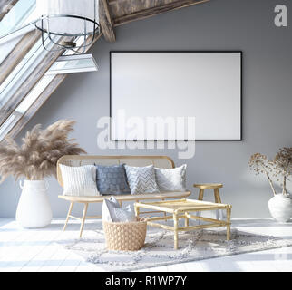 Bis Mock Titelbild in Home Interior Hintergrund, Skandinavischen böhmischen Stil Wohnzimmer im Dachgeschoss, 3D-Rendering Stockfoto