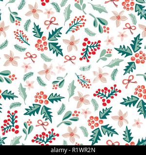 Misteltoes und Weihnachten Blumen auf einem weißen Hintergrund. Die nahtlose Vektor Muster. Stock Vektor