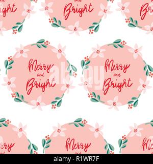 Misteltoe Kranz und Weihnachten Blumen auf Rosa kreisen. Schriftzug: Fröhlich und Hell. Die nahtlose Vektor Muster. Stock Vektor