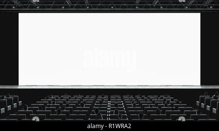 Kinosaal mit Auditorium ansehen Film auf leeren Bildschirm mockup. Leere Monitor im Film Theater mit Zuschauern mock up. Premiere 3d Showtime im Theater Präsentation Vorlage. Stockfoto