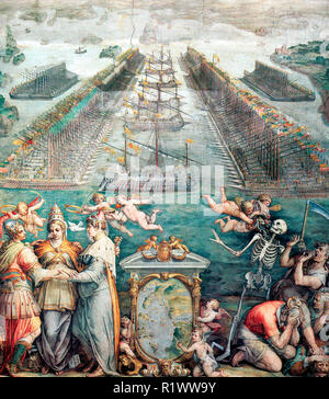 Die Schlacht von Lepanto. Die kombinierte Christliche Nabel Kräfte (Heiligen Liga) von Spanien, Venedig und das Papsttum der türkischen Flotte bei Lepanto, Oktober 7, 1571 besiegt. Vasari wurde von Papst Pius beauftragt, die Veranstaltung in der Sala Regia im Vatikan zu gedenken. Im Vordergrund umfasst eine allegorische Darstellung der drei christlichen Mächte. 1572 Stockfoto