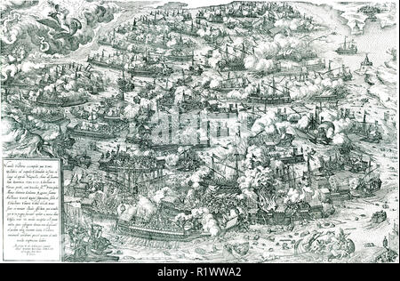 Die Schlacht von Lepanto, Kupferstich von Martin Rota, 1572. Die Schlacht von Lepanto wurde ein Engagement, das am 7. Oktober 1571, wenn eine Flotte der Heiligen Liga, geführt durch die Republik Venedig und das spanische Imperium, eine große Niederlage für die Flotte des Osmanischen Reiches in den Golf von Patras zugefügt wurden. Stockfoto