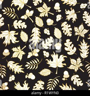 Gold Folie Blätter im Herbst nahtlose Vektor Hintergrund. Goldenen und Weißen abstrakte Blatt Formen auf schwarzem Hintergrund. Elegante Muster für digitale Papier, Banner, Umhüllung, Thanksgiving, Party, Einladung Stock Vektor