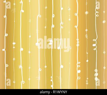 Goldfolie abstrakte vertikale Linien nahtlose Vektor Muster. Weißen wellenförmigen Längsstreifen mit Wirbeln Sie Elemente auf goldenem Hintergrund. Elegant für Tapeten, scrap Booking, Banner, Hochzeit, Party Einladung Stock Vektor