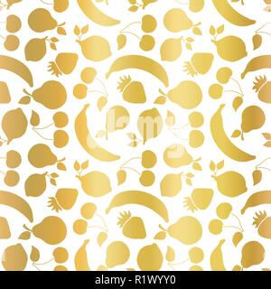 Goldfolie Früchte nahtlose Vektor Muster. Golden glänzenden Erdbeere, Birne, Kirsch, Zitrone, Banane auf weißem Hintergrund. Elegantes, luxuriöses Essen drucken für Papier, Verpackungen, Werbebanner, Home Decor, Menü Stock Vektor