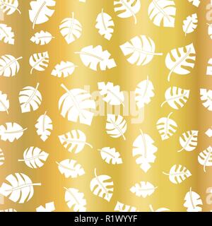 Gold Folie Blätter nahtlose Vektor Hintergrund. Weiß verstreut Blatt Muster auf goldenen elegante Kulisse für Hochzeiten, Feiern, Party, Karten, Einladung, Geburtstag, Thanksgiving, Web Banner Stock Vektor