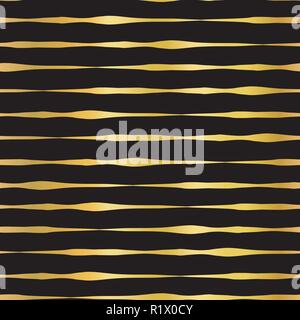 Goldfolie hand horizontale Linien nahtlose Vektor Muster gezeichnet. Golden wellig unregelmäßige Streifen auf schwarzem Hintergrund. Elegantes Design für digitale Papier, Party, Geburtstag, Einladung, Neues Jahr, Geschenk Verpackungen Stock Vektor